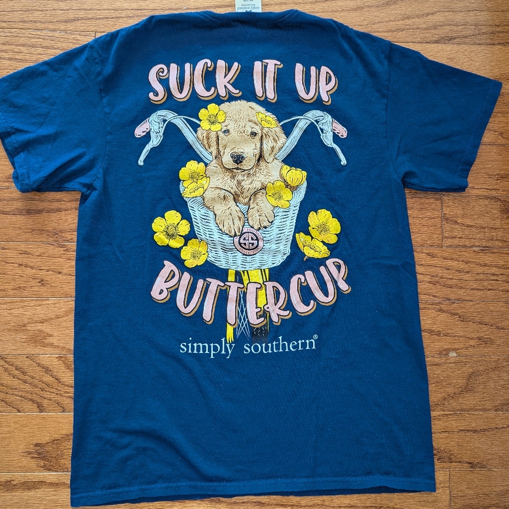 Simply Southern Navy Tee with Dog and Yellow Flowers - Medium